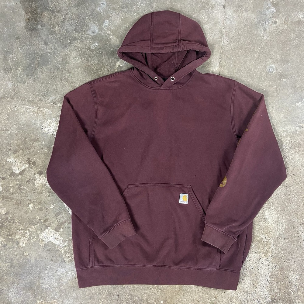 Carhartt Hoodie Size Large Maroon Loose Fit Fleece Sleeve Logo Workwear Pullover